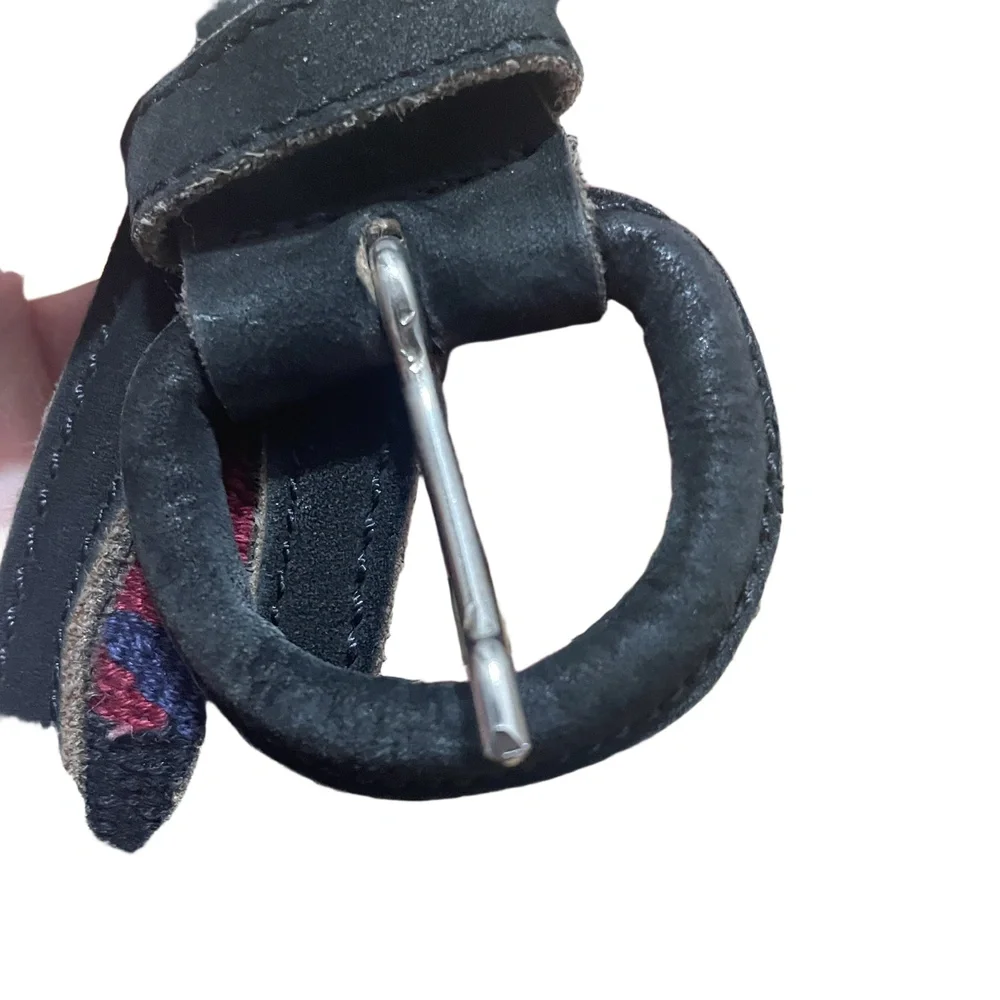 Vintage Black Leather Boho‎ Belt Diamond Cutout Woven Textile Inlay Size 38 42in